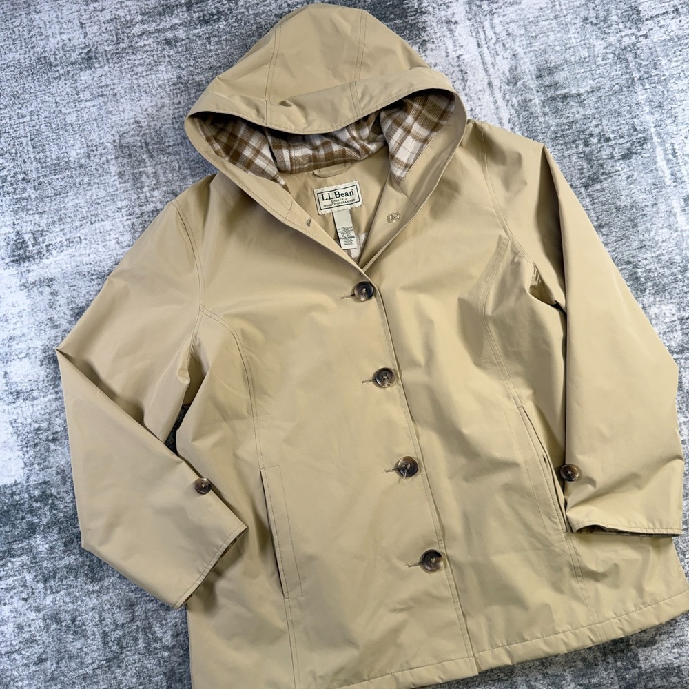 LL Bean Mackintosh Jacket Womens XL Petite Khaki Flannel Lined Rain Coat Hooded